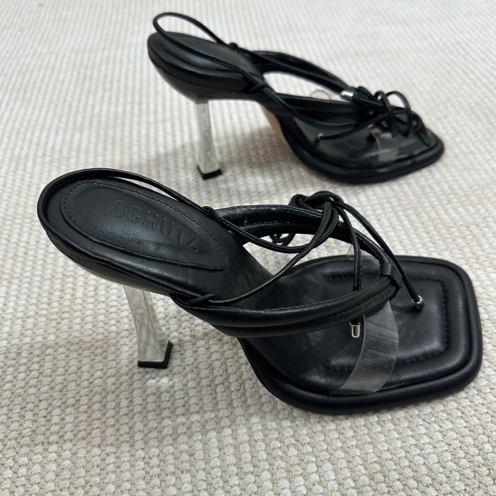 SCHUTZ Black Leather Lace-Up Sandals with Clear Strap Accent - Picture 4 of 8